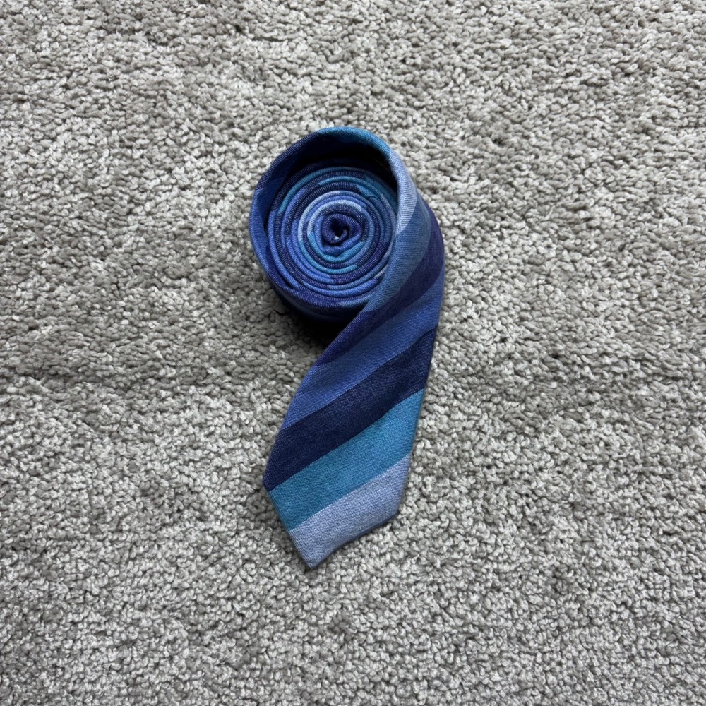 Alexander Olch New York Mens Blue Striped 100% Belgian Linen Handmade Skinny Tie